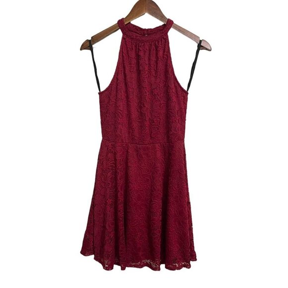 Chocolate USA Womens Red Lace Halter Keyhole Back Fit & Flare Mini Dress Medium - Picture 1 of 7